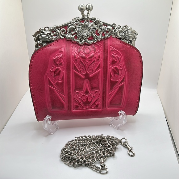 Patricia Nash Rosario Tooled Clutch Bag w/chain Burnished Pink Leather EUC - Picture 9 of 12